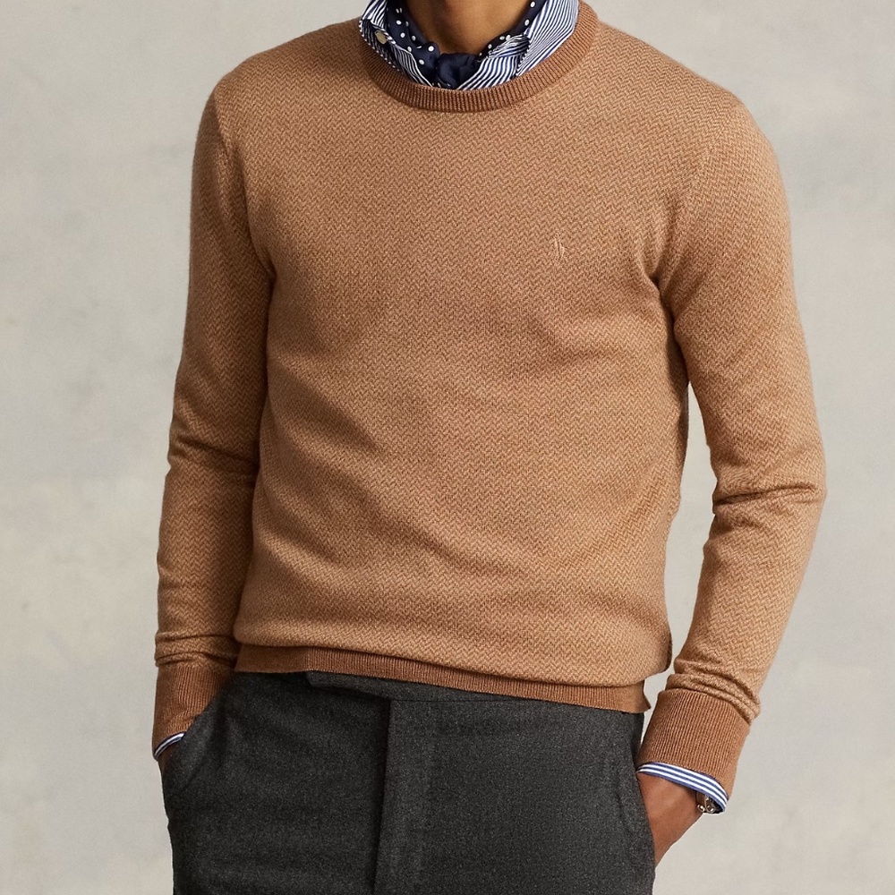 Polo Ralph Lauren Men's Camel Herringbone-Knit Washable Wool Sweater, Large, NWT